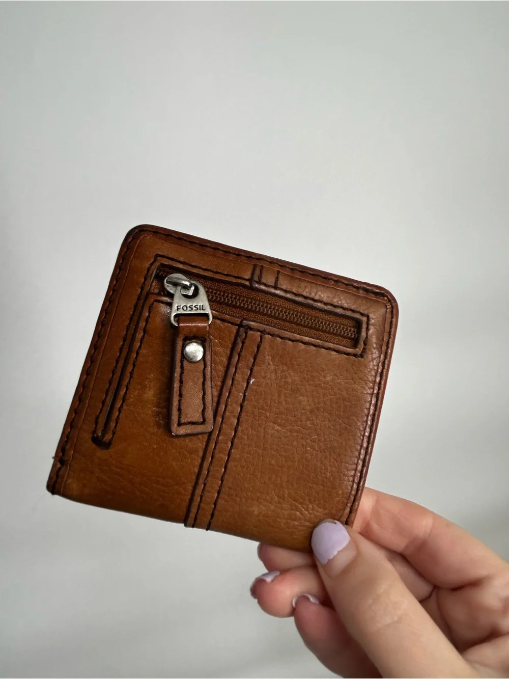 Fossil Mini Light Brown Leather Wallets Keyhole Bi-Fold Cards Cash holder case
